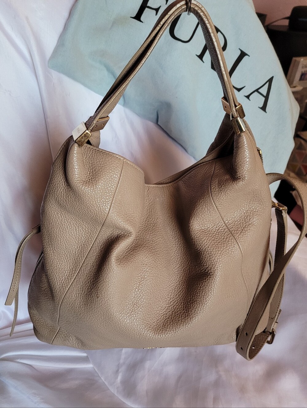 Furla Pebbled Leather Hobo Beige
